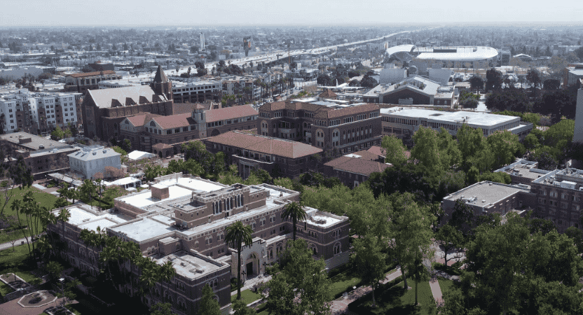 An aerial view of the University of Southern California's campus, showcasing its vibrant student life and top-tier academic facilities